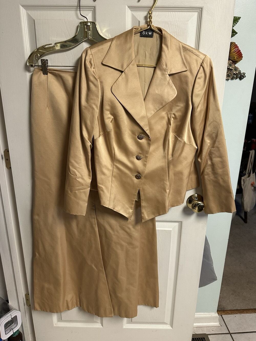 2 Pc Skirt Suit Women Gold Pure Silk Jacket Blazer Maxi Formal OKW Sz Med 8-10